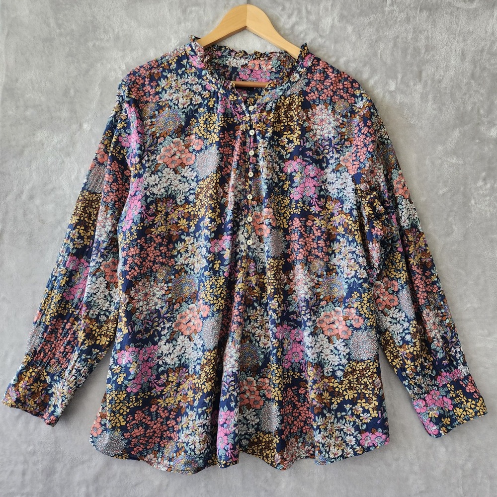 Talbots Top Womens Size 3X Navy Blue Floral Ruffle Neck Long Sleeve Blouse